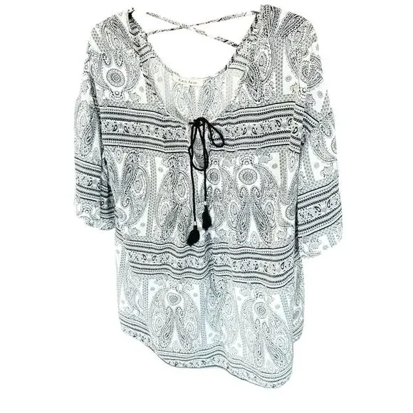 Black Rainn 2XL Boho Blouse Black & White W/Criss Cross Back Angel Wing Arm - Picture 3 of 15